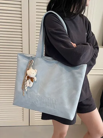Γυναίκες Μεγάλη χωρητικότητα Tote Bag PU Δέρμα Casual Μετακίνηση Τσάντα Ώμου Vintage Retro Shopper Bag με Κρεμαστό Pompom