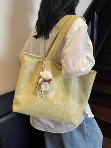 Γυναίκες Μεγάλη χωρητικότητα Tote Bag PU Δέρμα Casual Μετακίνηση Τσάντα Ώμου Vintage Retro Shopper Bag με Κρεμαστό Pompom