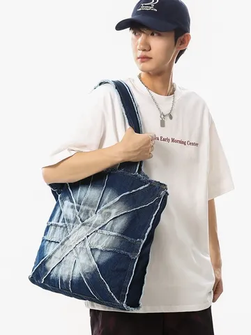 Large Capacity Denim Tote Bag For Women Vintage Washed Crossbody Shoulder Bag Casual Commuter Student Book Bag
