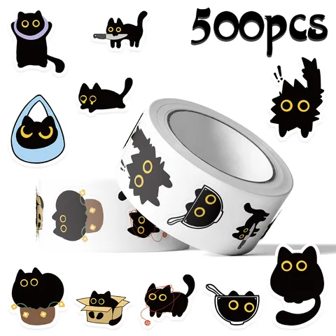 Funny Black Cat Stickers Roll Waterproof PVC Cute Decals For Notebook Water Bottle Envelope Sealing DIY