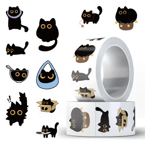 Funny Black Cat Stickers Roll Waterproof PVC Cute Decals For Notebook Water Bottle Envelope Sealing DIY