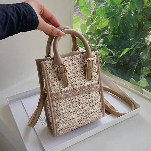 Womens Woven Straw Crossbody Bag Small Casual Handbag Summer Beach Shoulder Phone Bag PU Leather Stitching Purse