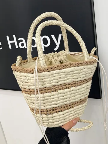 Womens Straw Woven Bucket Bag Retro Casual Woven Handbag Stylish Top Handle Crossbody Bag Summer Beach Travel Purse