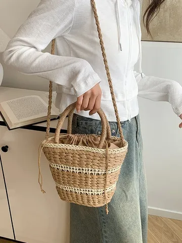 Womens Straw Woven Bucket Bag Retro Casual Woven Handbag Stylish Top Handle Crossbody Bag Summer Beach Travel Purse