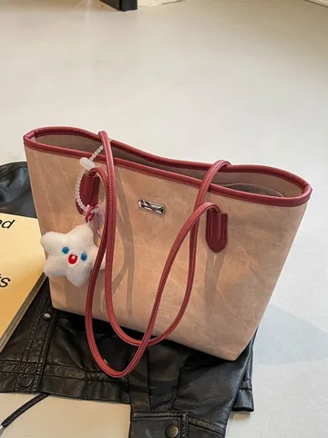 Γυναικείο Large Capacity Tote Bag PU Leather Casual Shoulder Bag Vintage Commuter Handbag With Cute Plush Pendant