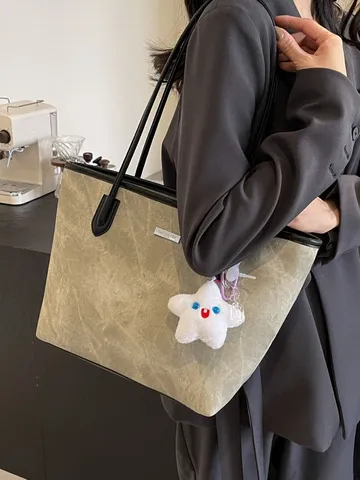 Γυναικείο Large Capacity Tote Bag PU Leather Casual Shoulder Bag Vintage Commuter Handbag With Cute Plush Pendant