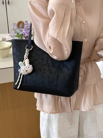 Minimalist μεγάλη χωρητικότητα PU δερμάτινη τσάντα Tote για γυναίκες Casual commuter τσάντα ώμου με χαριτωμένο μενταγιόν κουνελιού