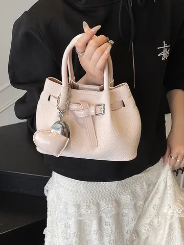 Women Fashion Woven PU Leather Bucket Bag Casual Small Crossbody Handbag With Heart Pendant Top Handle Satchel Bag