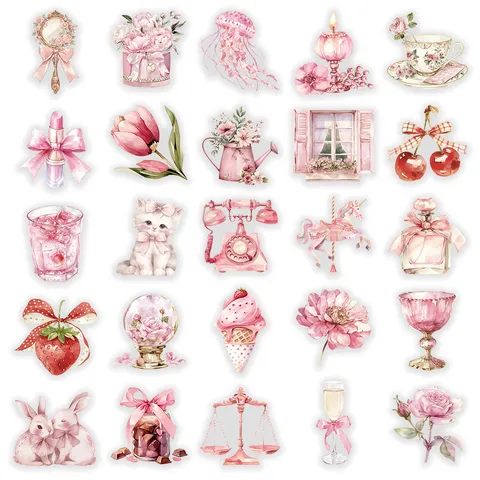 Roze Esthetische PET Stickers Set Schattige Bloemen Dier Decoratieve Stickers Voor Scrapbook Dagof Waterfles DIY Ambachten