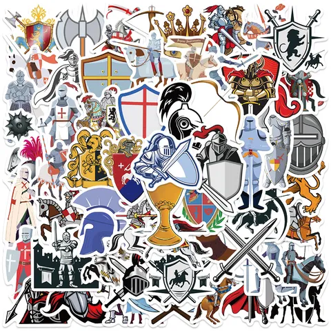 Autocollants de Chevalier Médiéval Stickers en Vinyle Imperméables Armure Rétro Bouclier Épée Pack pour Ordinateur Portable Bouteille d'Eau Bagages