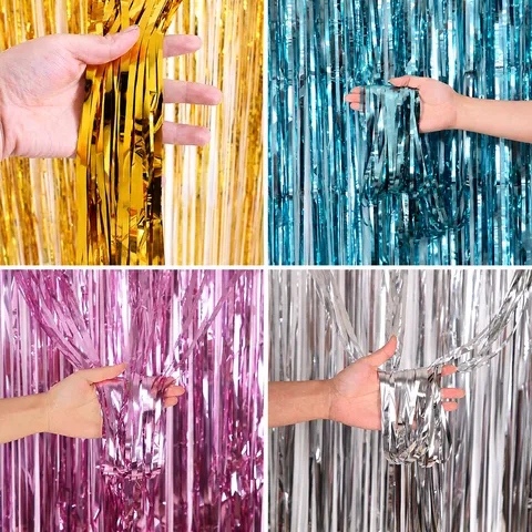 PET Tinsel Fringe Curtain Metallic Foil Fringe Backdrop For Birthday Party Wedding Stage Background Decoration Supplies