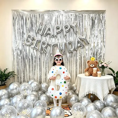 Happy Birthday Balloon And Foil Curtain Set Colorful Letter Foil Balloons Festive Party Decoration Supplies