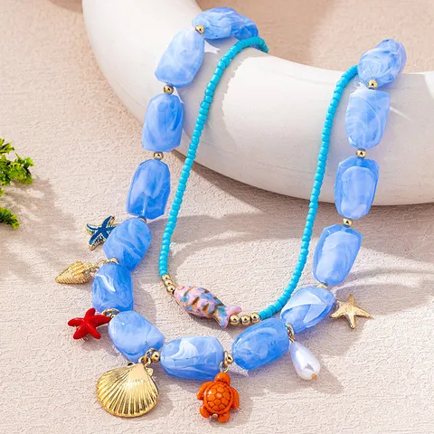 Ozean-Stil Zweilagige Perlenkette Für Damen Gold Legierung Seestern Muschel Meeresschildkröte Fisch Anhänger Strand Urlaub Schmuck