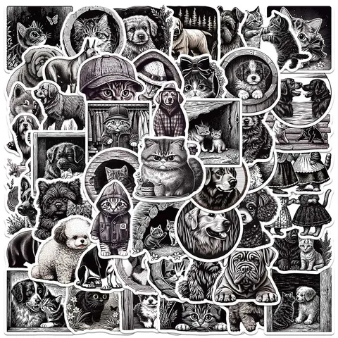 Black And White Animal Cartoon Graffiti Stickers Cute Retro Woodcut Style Waterproof PVC Decals For Luggage Notebooks