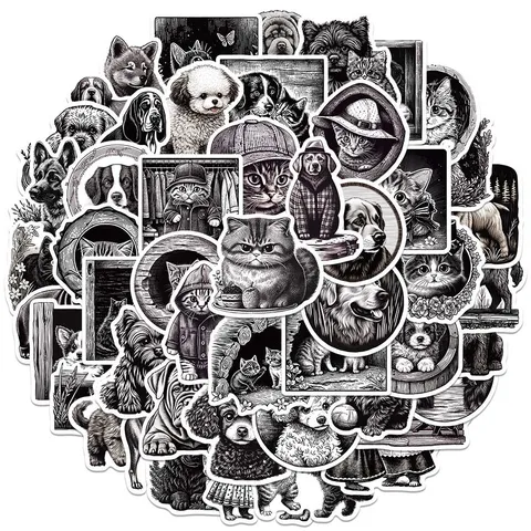 Black And White Animal Cartoon Graffiti Stickers Cute Retro Woodcut Style Waterproof PVC Decals For Luggage Notebooks