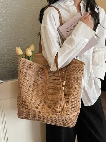 Borsa Tote in Paglia Tessuta da Donna Grande Borsa a Tracolla Casual per Vacanze al Mare Tinta Unita Elegante Borsa con Ciondolo Nappa