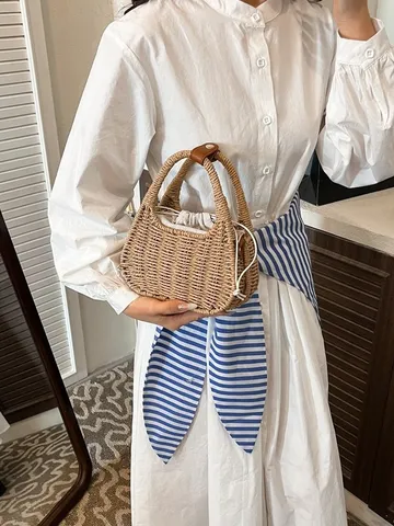 Bolso de Mano de Paja Tejida de Moda para Mujer Verano Casual Pequeño Tote Elegante Cubo Bolso Bandolera de Playa con Cordón