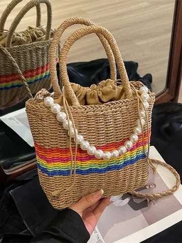 Womens Straw Bucket Bag Casual Crossbody Shoulder Bag With Pearl Chain And Colorful Stripes Summer Beach Woven Handbag