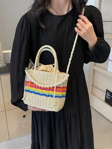 Womens Straw Bucket Bag Casual Crossbody Shoulder Bag With Pearl Chain And Colorful Stripes Summer Beach Woven Handbag