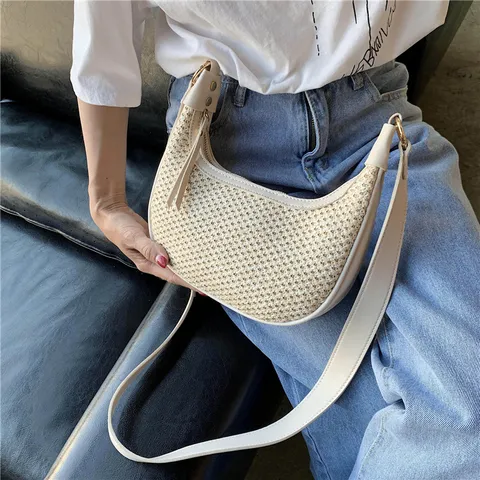 Donne Borsa a Tracolla in Tessuto di Paglia Casual Estate Spiaggia Borsa a Sottoascellare Moda Hobo Borsa da Viaggio Quotidiano
