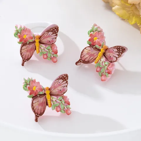 Juego de Joyas de Aleación Resina Acrílico Vintage Elegante Pendientes de Botón y Anillo de Mariposa Flor para Mujer Moda Floral