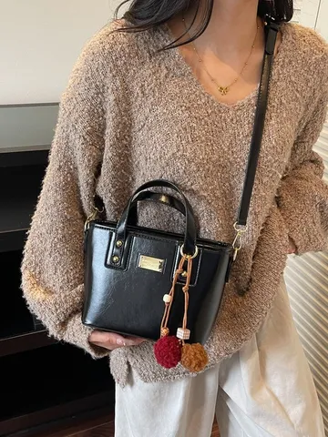 Womens PU Leather Bucket Bag Top Handle Crossbody Bag Fashion Casual Handbag With Metal Plate Pom-Pom Pendant Daily Purse