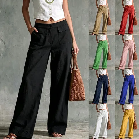 Damen Hohe Taille Lose Casual Weite Hose Einfarbig Baumwollmischung Lange Hose Mit Taschen Für Alltag