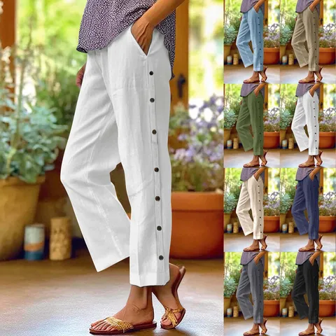 Damen Casual Hoher Bund Locker Gerade Knöchellange Hose Polyester Atmungsaktiv Einfarbig Seitliche Knöpfe Taschen Hose