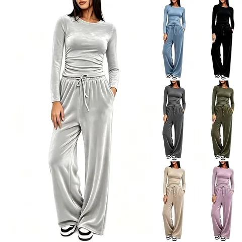 Damen Casual Langarm Top Und Hohe Taille Weite Beine Hose Einfarbig Samt Trainingsanzug Outfit