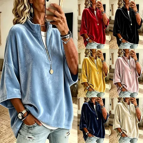 Damen Casual Samt Sweatshirt Einfarbig Halb Reißverschluss Dreiviertelarm Hochhals Locker Pullover Top