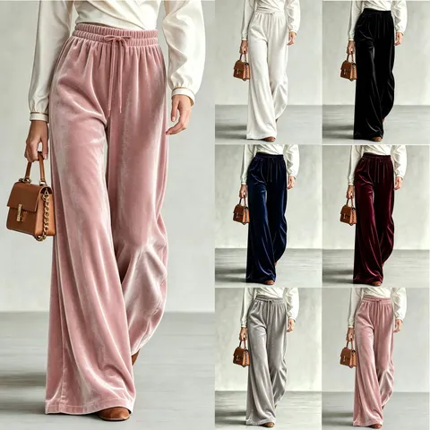 Damen Casual Einheitsfarbe Samt Weite Hose Hoher Bund Kordelzug Lange Hosen Herbst Winter Loose Unten
