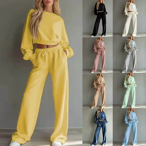 Damen Casual Einfarbig Langarm Sweatshirt Und Weite Beine Hosen Set Polyester Gestricktes Zweiteiliges Outfit