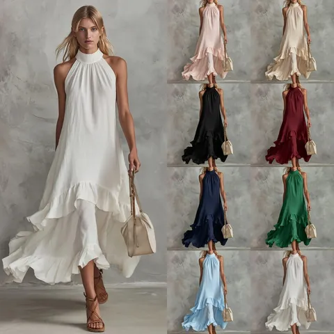 Damen Sommer Vintage Elegant Lässiger Einfarbig Halfter Ärmellos Rüschen Maxi Strand Kleid