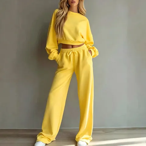 Damen Casual Einfarbig Langarm Sweatshirt Und Weite Beine Hosen Set Polyester Gestricktes Zweiteiliges Outfit