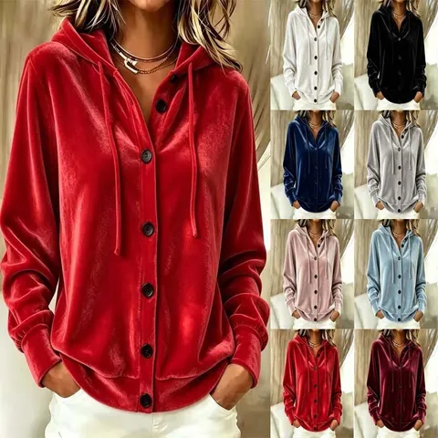 Damen Lässiges Polyester Samt Kapuzenoberteil Knopfleiste Cardigan Einfarbig Langarm Jacke Herbst Winter Mantel