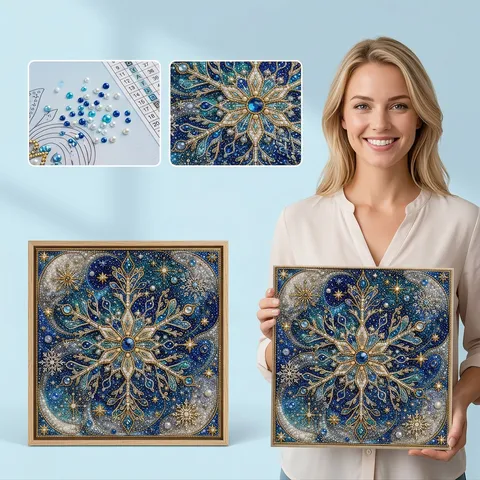 DIY Diamond Painting Kit Winter Snowflake Wall Art Decor with Wooden Frame Rhinestone Pearl Art Craft for Home Decor