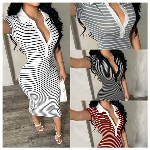 Women Casual Elegant Business Commute Polo Collar Long Sleeve Striped Bodycon Midi Dress Knitted Slim Fit Dress