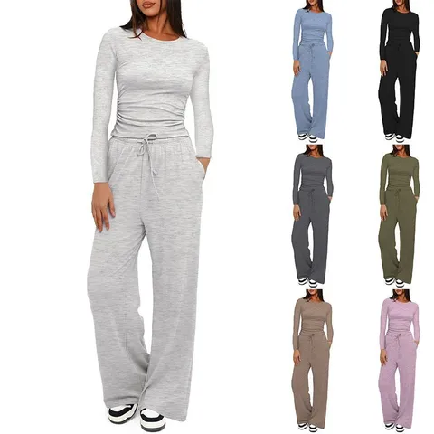 Damen Casual Langarm Einfarbig Top Und Hohe Taille Weite Beine Hose Set Komfortabel Tägliche Sportbekleidung