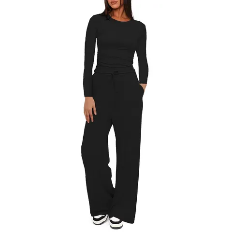 Damen Casual Langarm Einfarbig Top Und Hohe Taille Weite Beine Hose Set Komfortabel Tägliche Sportbekleidung