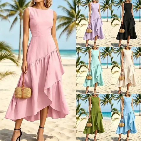 Damen Sommer Urlaub Lässig Ärmellos Tüll Gespleißt Gerader Kragen Tailliert Langes Kleid Elegantes Einfarbiges Maxikleid
