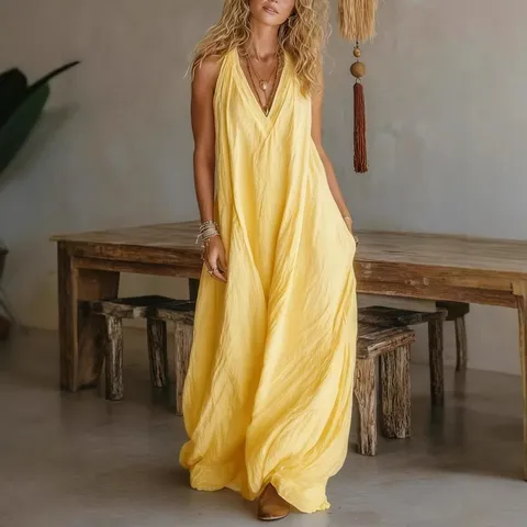 Vestido Largo Maxi Holgado Sin Mangas con Cuello en V Profundo y Color Sólido de Mezcla de Algodón Casual para Mujer Con Bolsillos