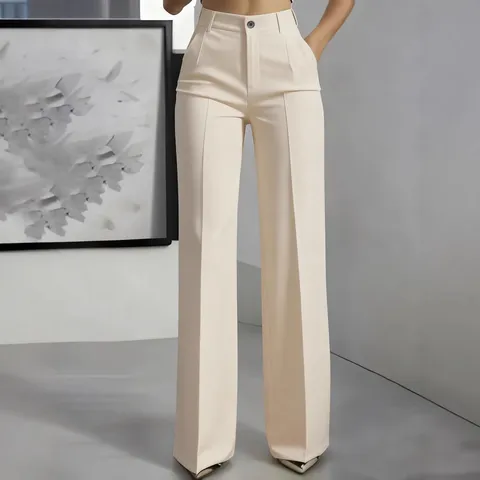 Damen Hohe Taille Gedrapte Gerade Anzuhosen Lässige Pendler Lange Hosen Polyester Mischung Taschen Mode Unterteile