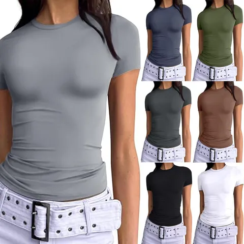 Damen Casual Slim Fit Einfarbig Kurzarm T-Shirt Basic Rundhals Milchseide Mode Sommer Top
