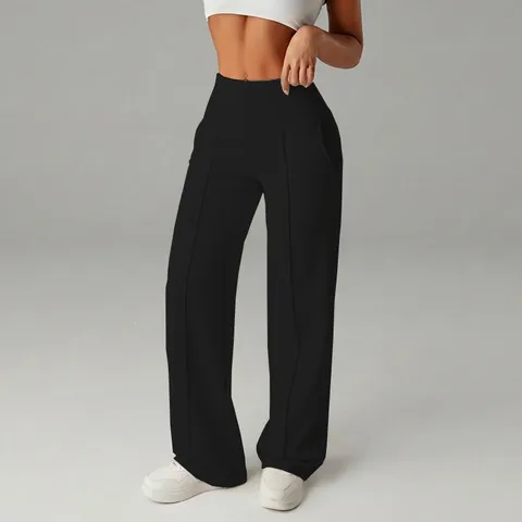 Damen Casual High Waist Crossover Wide Leg Hose Lose Drapierung Hoher Stretch Einfarbig Lange Hosen