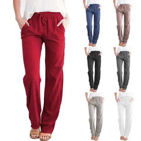 Damen Casual Einfarbig Baumwolle Leinen Kordelzug Lose Weites Bein Hose Hohe Taille Elastisch Lange Hose Frühling Sommer