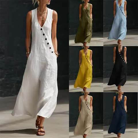 Women's Casual Solid Color V-Neck Single-Breasted Sleeveless Long Dress Loose Summer Beach Vest Maxi Dress Apparel