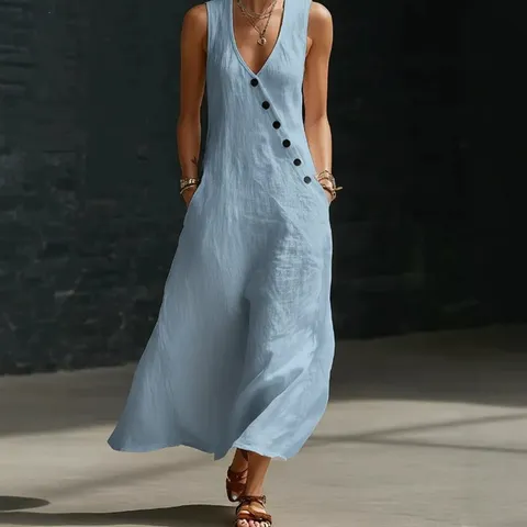 Women's Casual Solid Color V-Neck Single-Breasted Sleeveless Long Dress Loose Summer Beach Vest Maxi Dress Apparel