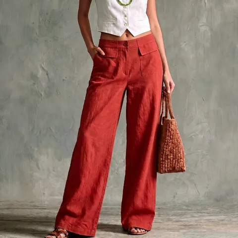 Damen Hohe Taille Lose Casual Weite Hose Einfarbig Baumwollmischung Lange Hose Mit Taschen Für Alltag