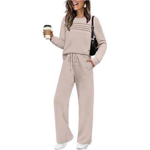 Dames Casual Lange Mouw Ronde Hals Top En Elastische Taille Wijdere Broek Set Effen Kleur Herfst Outfit