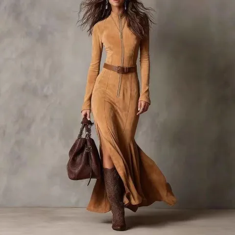 Women's Elegant Stand-Up Collar Long Sleeve Maxi Dress Autumn European Fashion Zipper Faux Suede Dress With Belt